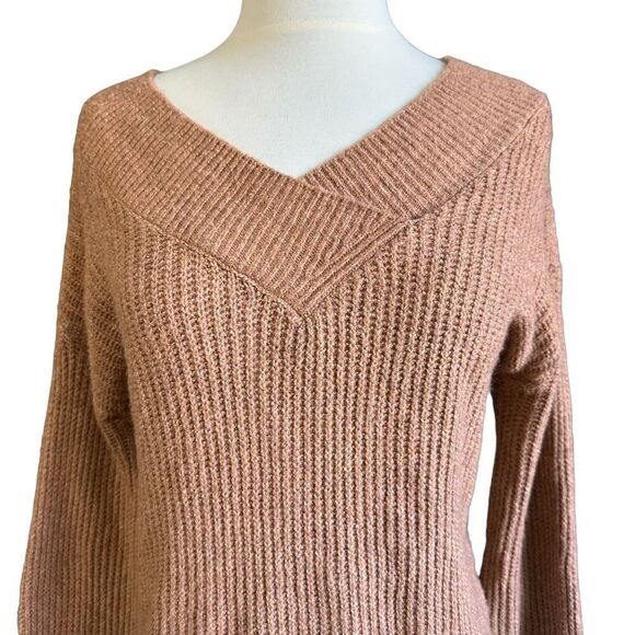 Pink Rose Crossover V Shape Cozy Soft Ribbed Pullover Sweater - Picture 3 of 7